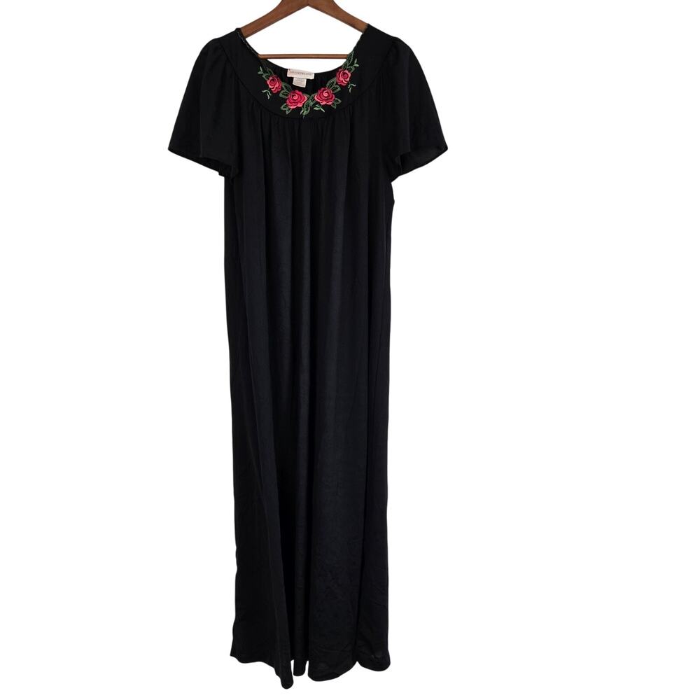 Vintage Coquette Loungewear Silky Black Nylon Olga-Esque Nightgown Lace Trim L